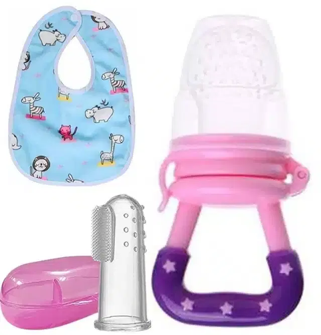 Silicone Fruit Feeder with Finger Brush & Bib for Kids, Multicolor, Set of 3
