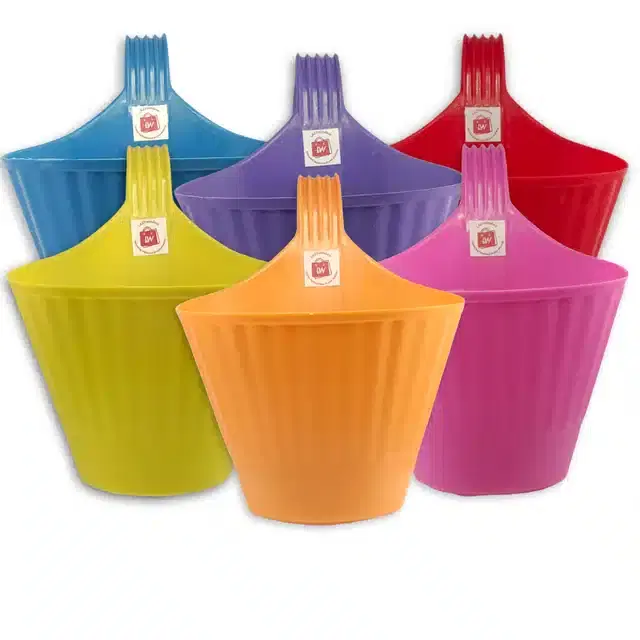 Plastic Hooked Railing Flower Pots, Multicolor, Pack of 6
