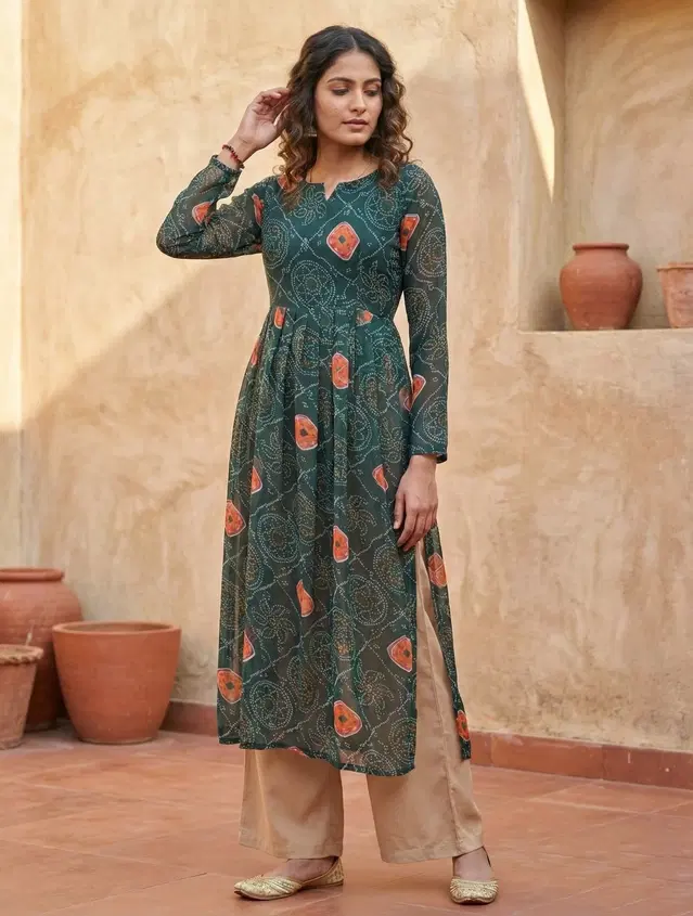 Bindu Bandhej Georgette Naira Kurti for Women (Green, XS)