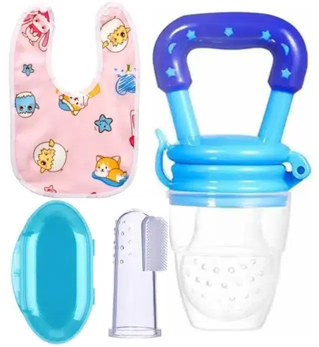 Silicone Fruit Feeder with Finger Brush & Bib for Kids, Multicolor, Set of 3
