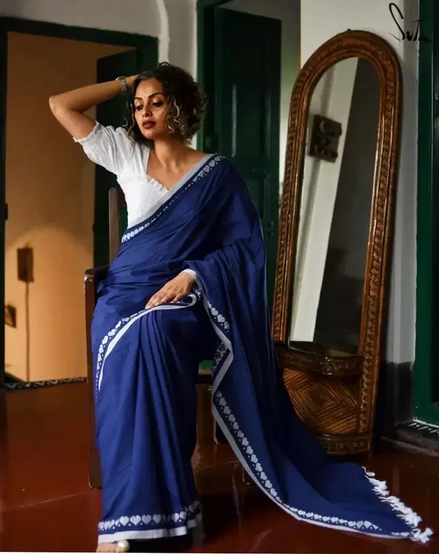Cotton Silk Sarees for Women (Blue, Free Size)