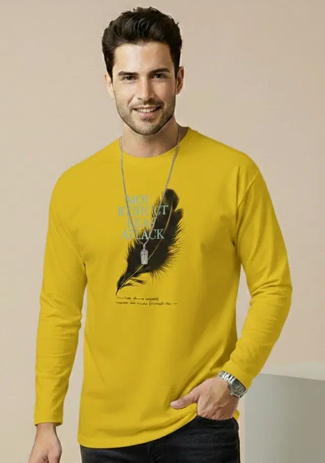 Polyester Printed T-shirt for Men, Mustard (XL)