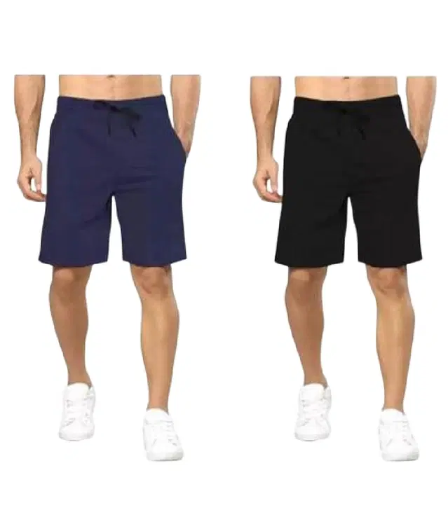 Cotton Shorts for Men, Pack of 2 (Black & Navy Blue, 30)