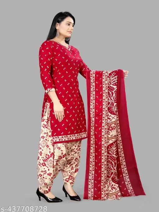 Cotton Printed Salwar Suit & Dupatta Sets for Women (Cream, XL)