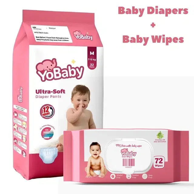 YoBaby Diaper Pants M - 32 Pcs + YoBaby Baby Wipes With Lid - 72 Wipes