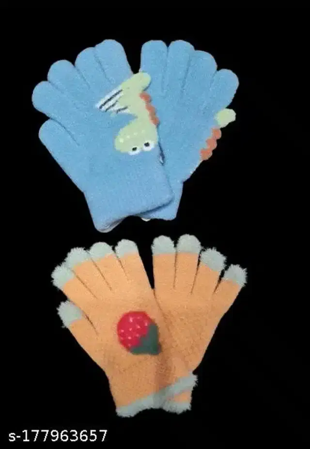 Woolen Winter Gloves for Kids, Set of 2 (Sky Blue & Orange, 3-6 Years)