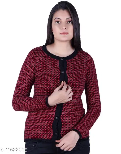 Acrylic Solid Sweater for Women (Black & Red, XL)