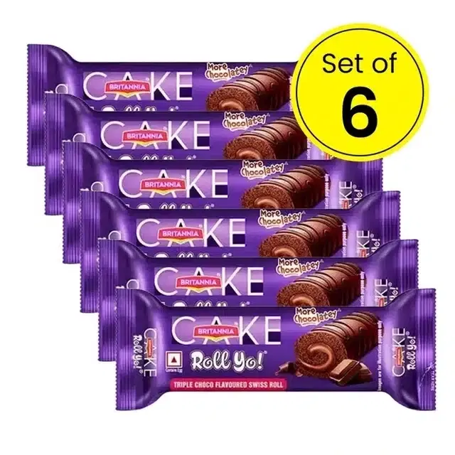 Britannia Cake Roll Yo! Triple Choco Swiss Roll - More Chocolatey, 6X27 g (Pack Of 6)