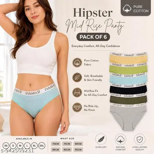Evaara Printed Hipster Briefs for Women, Pack of 6 (Multicolor, XS)