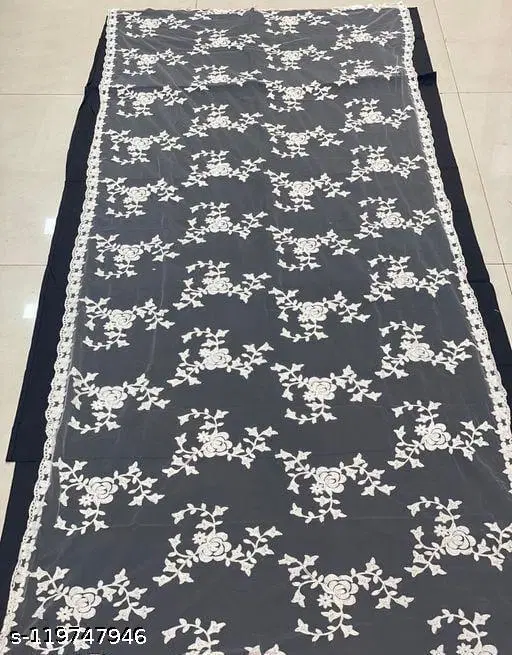 Floral Aari Work Embroidered Net Dupatta for Women (White, Free Size)