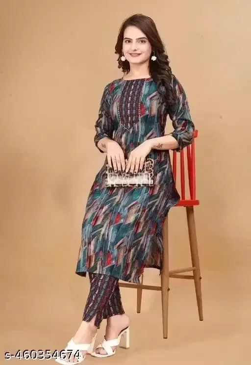 Cotton Blend Kurta Set for Women (Multicolor, L)