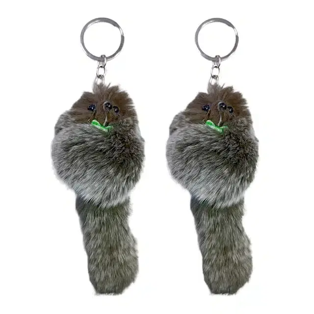 Cotton Fancy Attractive Ultrasoft Grey Cute Fluffy Fur Pompom Keychain, Green, Pack of 2