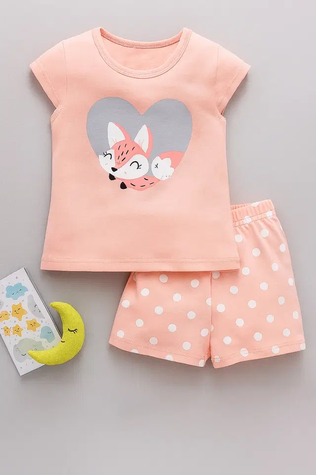 Cotton Blend Printed Clothings Set for Girls, Light Peach (18-24 Months)