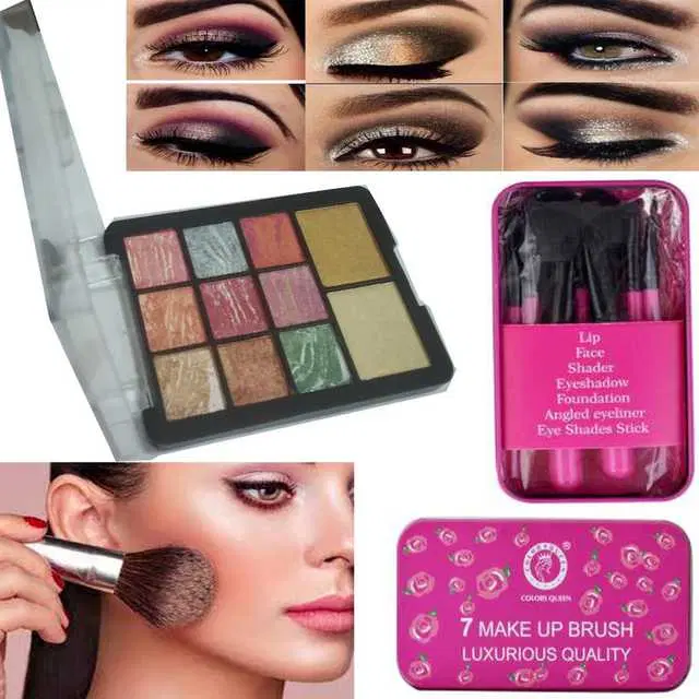 Combo of 1 Colors Queen Icon Eyes Professional Makeup Eyeshadow Highlighter Kit & 1 Colors Queen Luxurious Quality 7 Makeup Brush Set, R941