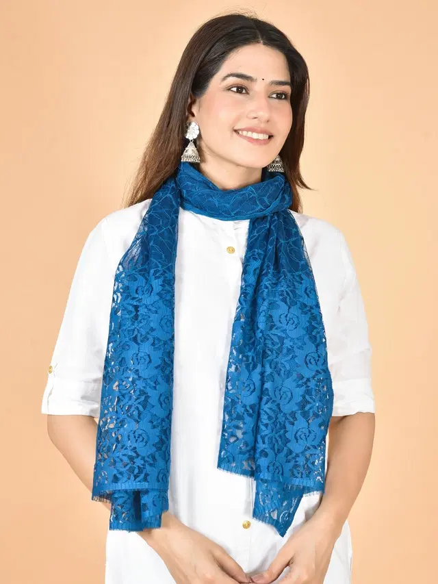 Net Self-Design Dupatta for Women (Blue, 2.2 m)