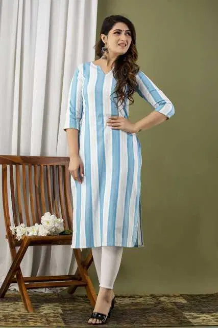 Women Cotton Blend Striped Kurta (Light Blue, L) (SD-656)