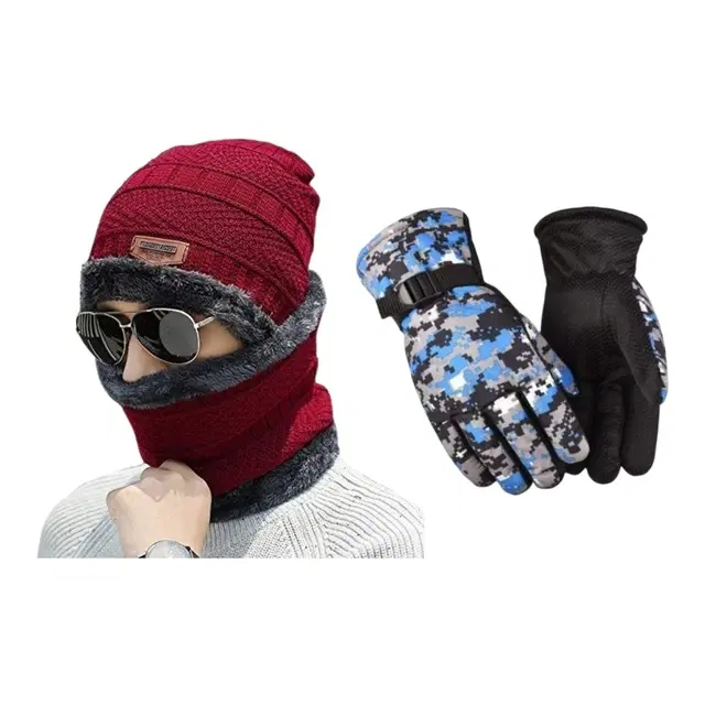 Woolen Cap with Neck Warmer & Gloves for Men & Women, Set of 2 (Multicolor)