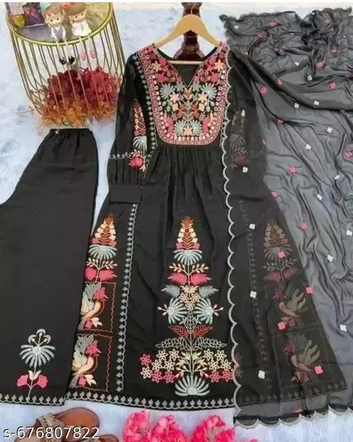 Georgette Embroidered Kurta & Paint & Dupatta Set For Womens, Black (XL)