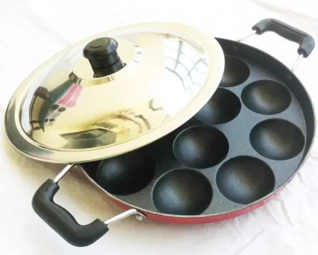 ZODEX 12 Cavities Non Stick Appam Patra with Lid and Side Handle, Multicolor, 21 cm