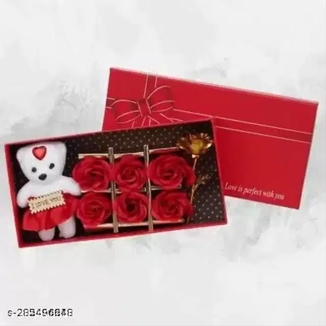 Wooden Scented Rose Flower with Teddy Bear Gift, Red