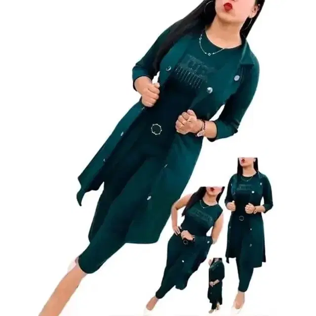 Top & Bottom Set with Jacket for Women, Green (S)
