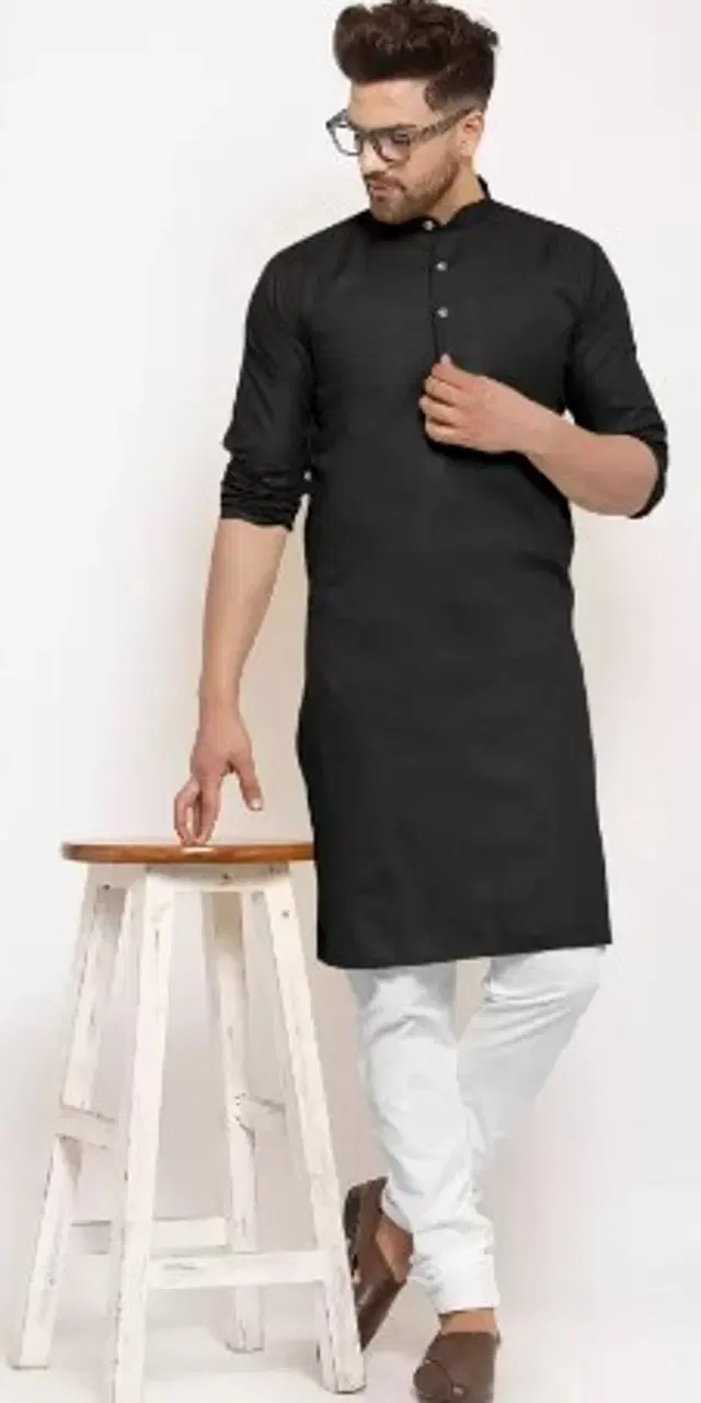 Full Sleeves Solid Kurta with Payjama for Men (Black, L)