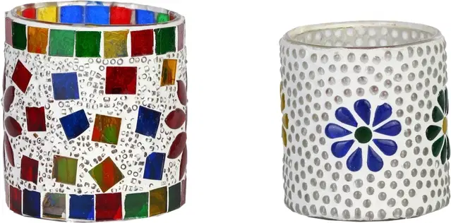 Glass Decorative Tea Light Holders, Multicolor, Pack of 2