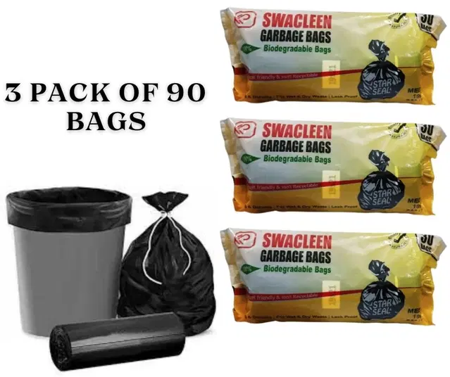 Plastic 30 Pcs Garbage Bags, Black, Pack of 3