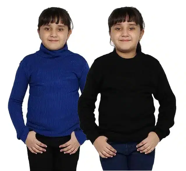 Full Sleeves Solid Sweater for Girls, Pack of 2 (Blue & Black, 6-9 Months)