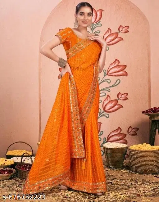 Chiffon Solid Saree For Women, Orange