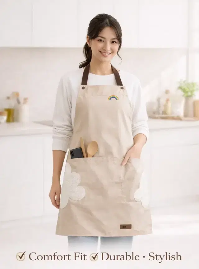 Waterproof Kitchen Apron with Side Towel Panels Biege