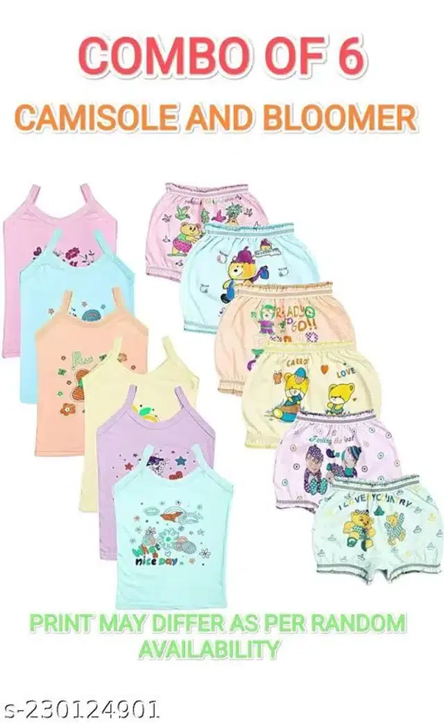 Cotton Printed Camisole with Bloomer Set for Girls, Set of 6, Multicolor (18-24 Months)