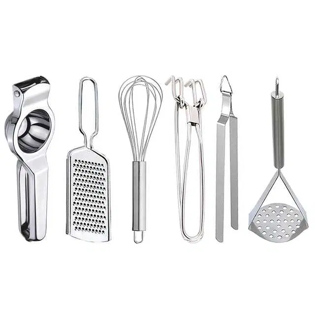 Oc9 Stainless Steel Lemon Squeezer & Cheese Grater & Egg Whisk & Pakkad & Roti Chimta & Potato Masher Kitchen Tool Set, O-134