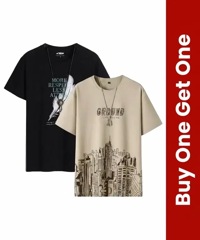 Men's Round Neck Printed T-Shirt, Buy 1 Get 1, Black & Beige, XL
