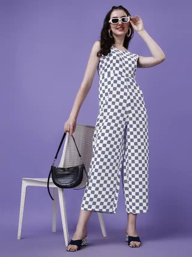 Crepe Jumpsuit for Women (White & Blue, S)
