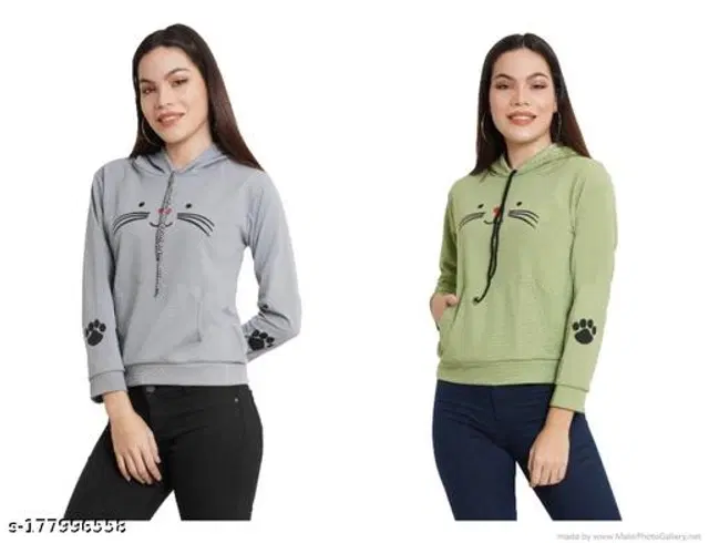 Polyester Hoodie for Women, Pack of 2 (Grey & Green, S)