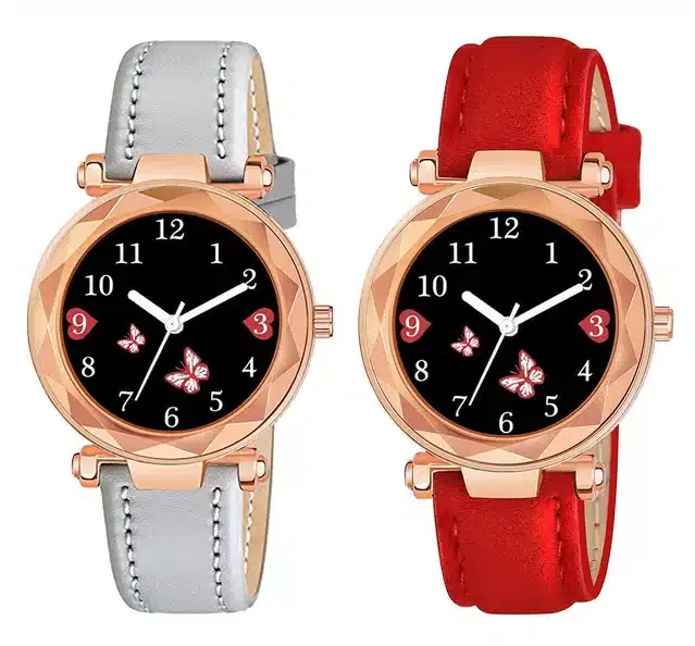 Designer Leather Analog Watch for Women & Girls, Pack of 2 (Grey & Red)