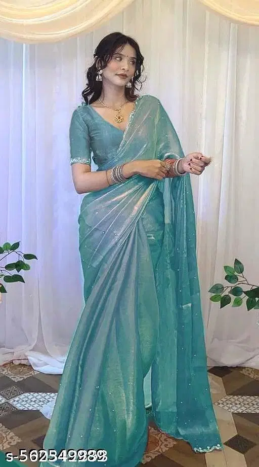 Chiffon Solid Saree For Women, Aqua Blue