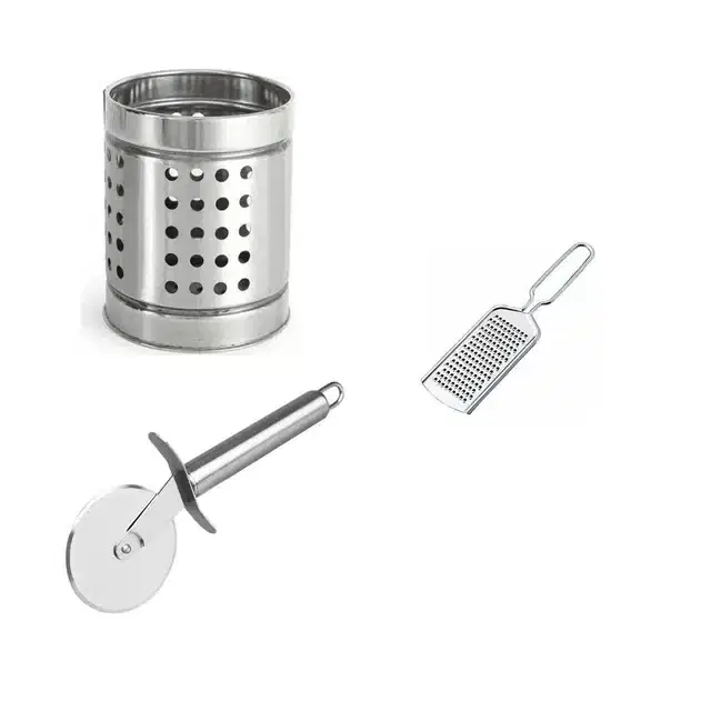 Stainless Steel Cheese Grater, Steel Pizza Cutter & Steel Holder, Combo of 3
