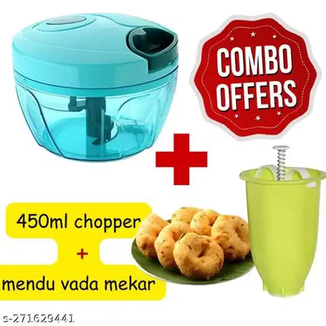 Plastic Manual Vegetables Chopper, 450 ml with Medu Vada Maker, Aqua Blue & Green, Set of 2