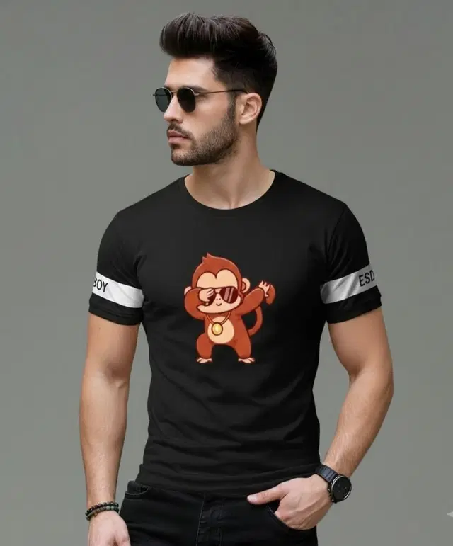 Polyester Printed T-shirt for Men, Black (M)