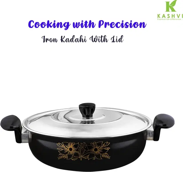 Cast Iron Kadai with Lid, Black & Silver, 28 cm