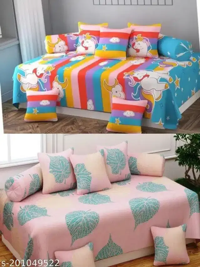 Polycotton Diwan Cover Set, Multicolor, Combo of 2