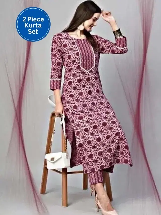 Cotton Printed Women's Kurta with Pant Set, Maroon (M)