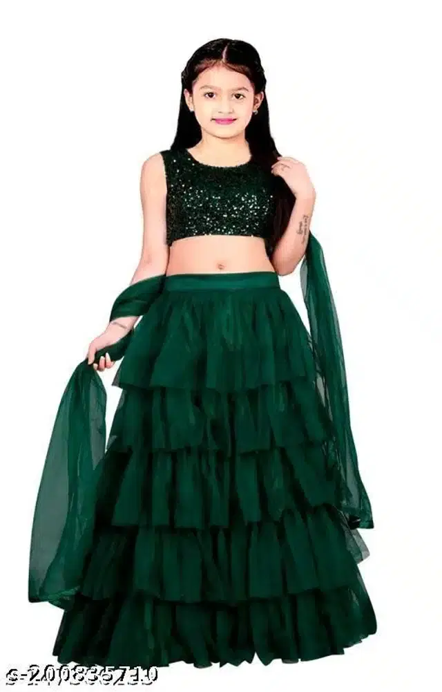 Velvet Lehenga Choli With Dupatta for Girls (Green, 7-8 Years)