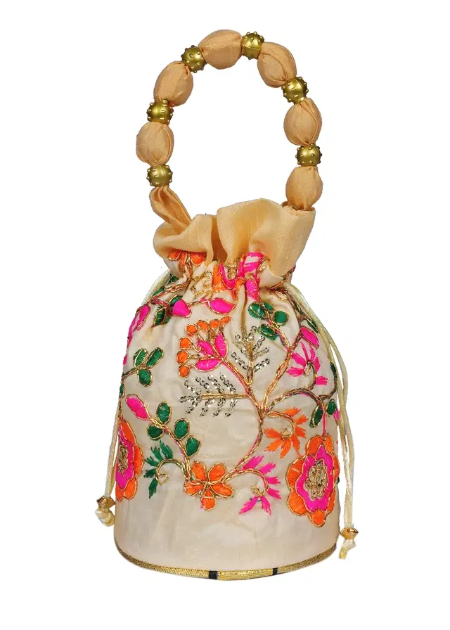 Silk Floral Ethnic Rajasthani Traditional Work Potli with Handle for Return Gifts, Beige