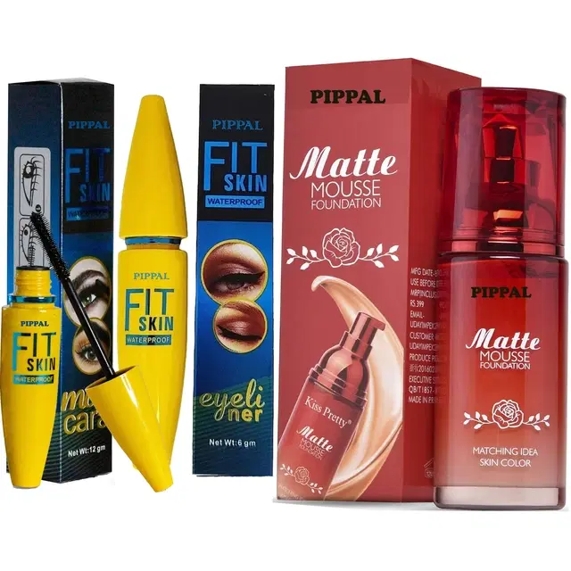 Pippal Matte Mouse Foundation, 60 ml with Fit Skin Mascara, 12 ml & Eyeliner, 6 ml, Set of 3