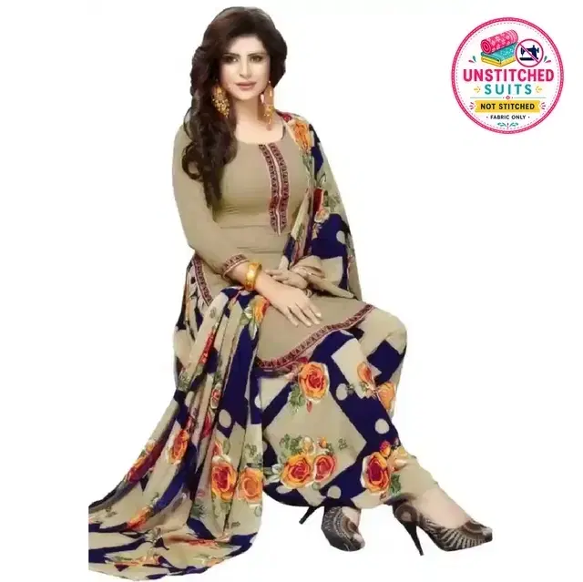 Crepe Floral Print Unstitched Suit with Dupatta for Women, Beige