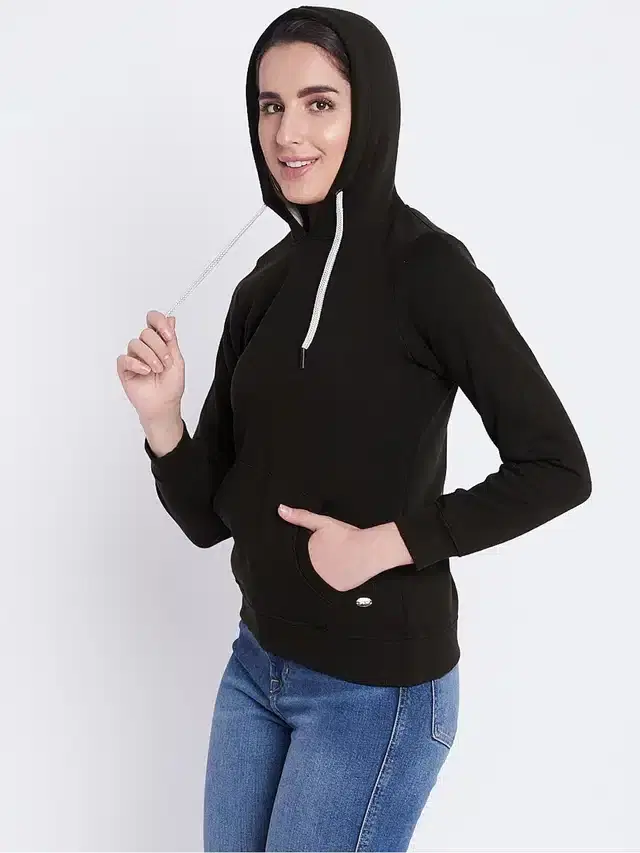 Fleece Hooded Sweatshirt for Women (Black, L)