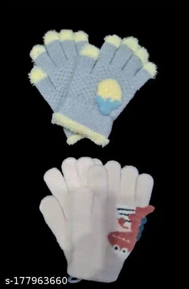 Woolen Winter Gloves for Kids, Set of 2 (Sky Blue & White, 3-6 Years)